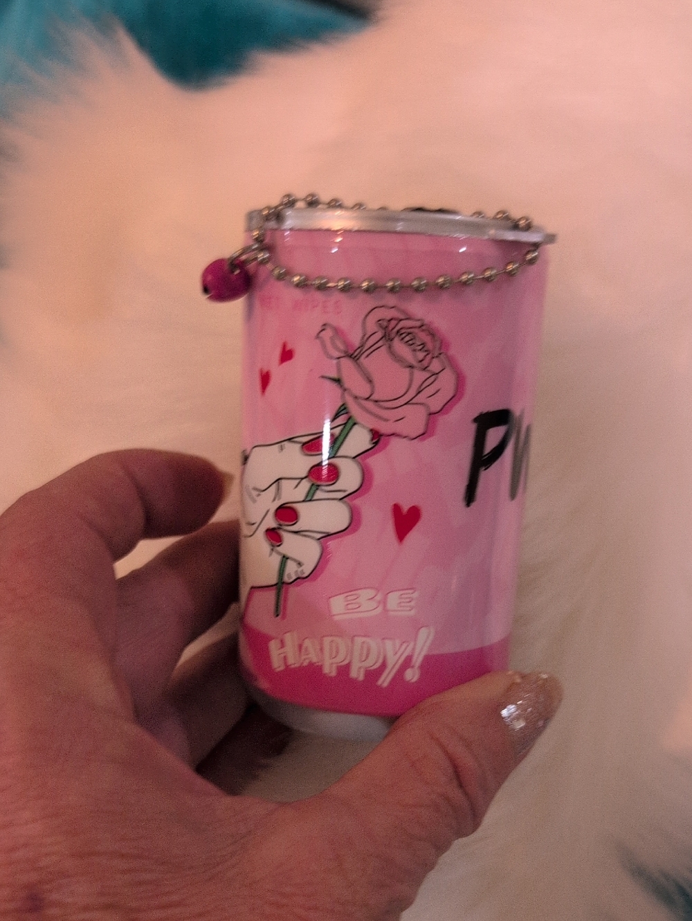 Pink 'Be Happy' Decorative Can With Wipes Inside  Keychain